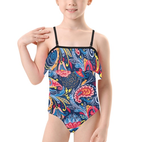 Paisley Pattern Kids' Spaghetti Strap Ruffle Swimsuit (Model S26)
