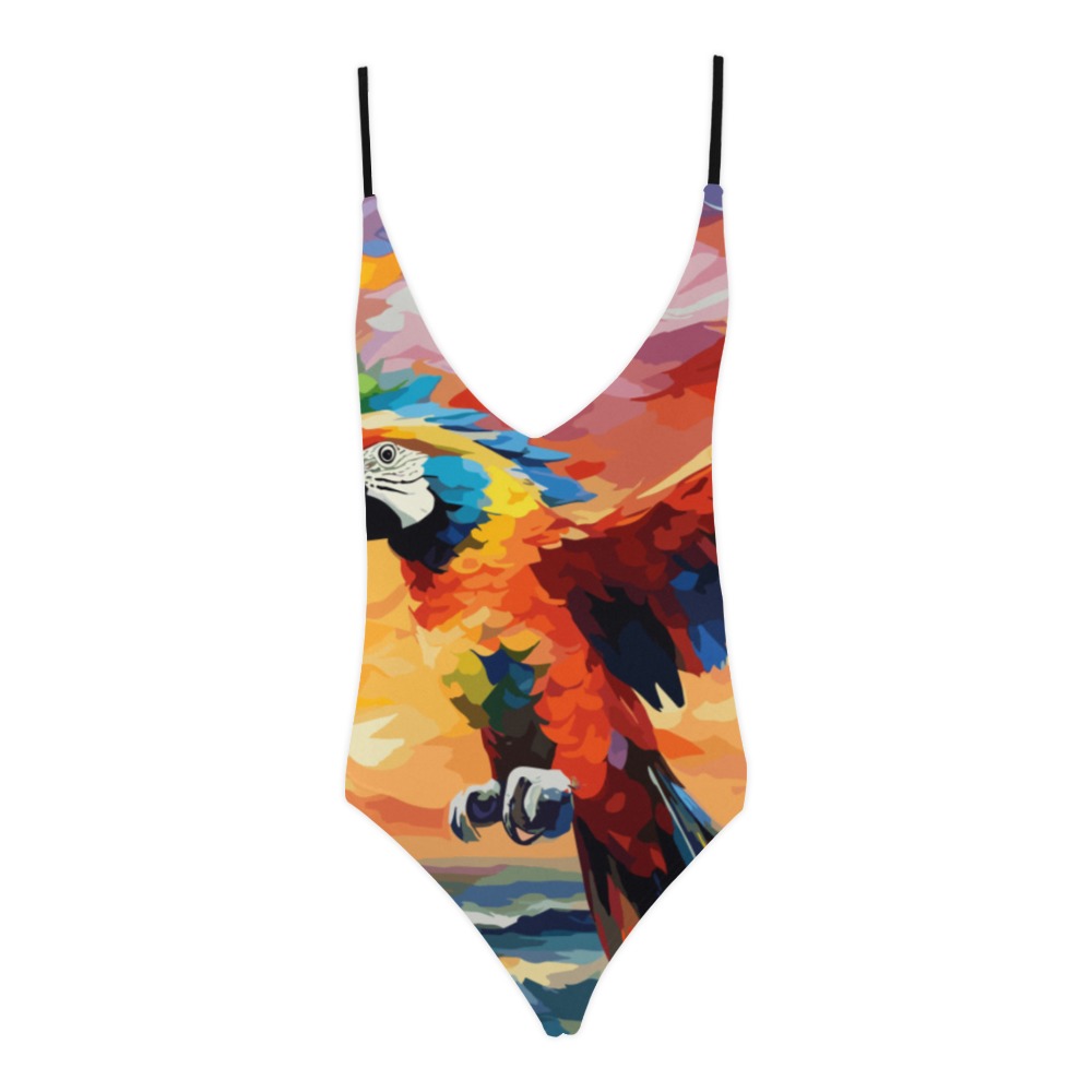 A colorful parrot by the sea at ocean sunset. Sexy Lacing Backless One-Piece Swimsuit (Model S10)