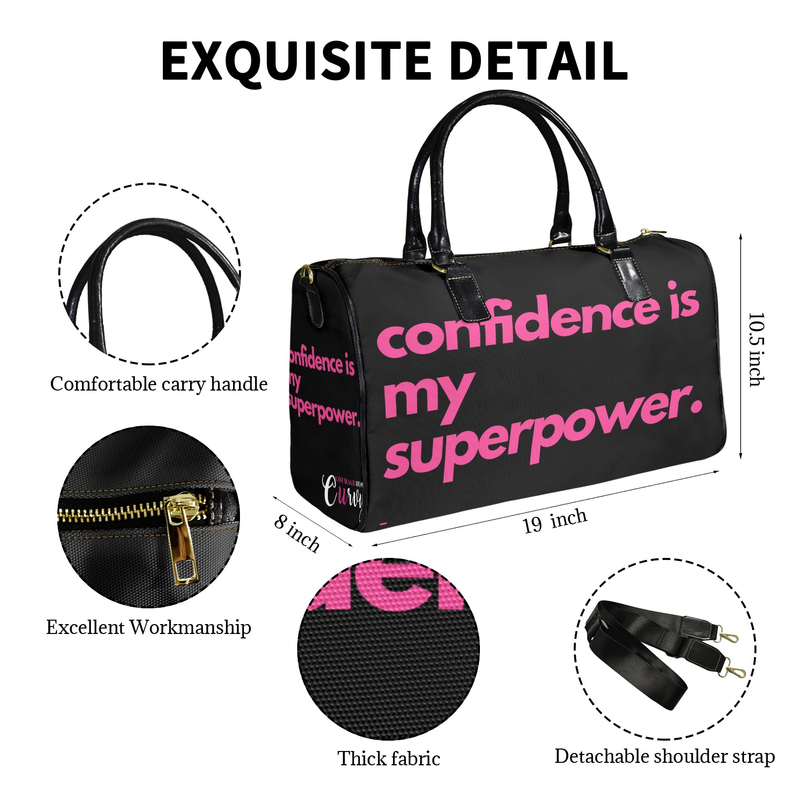 confidence is my superpower black Large Capacity Travel Bag-Small (Black Short Patch) (1737)