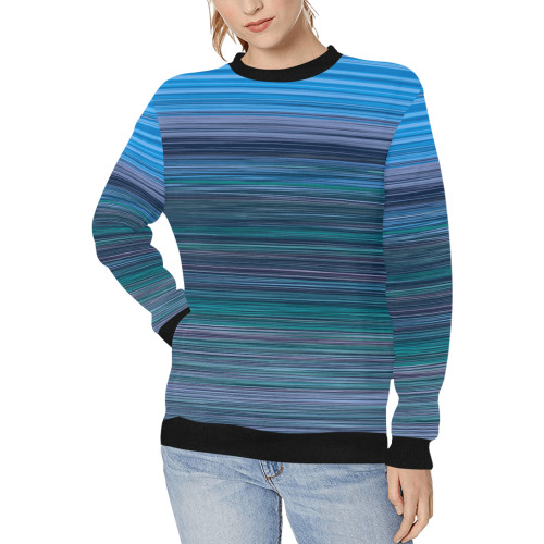 Abstract Blue Horizontal Stripes Women's Rib Cuff Crew Neck Sweatshirt (Model H34)