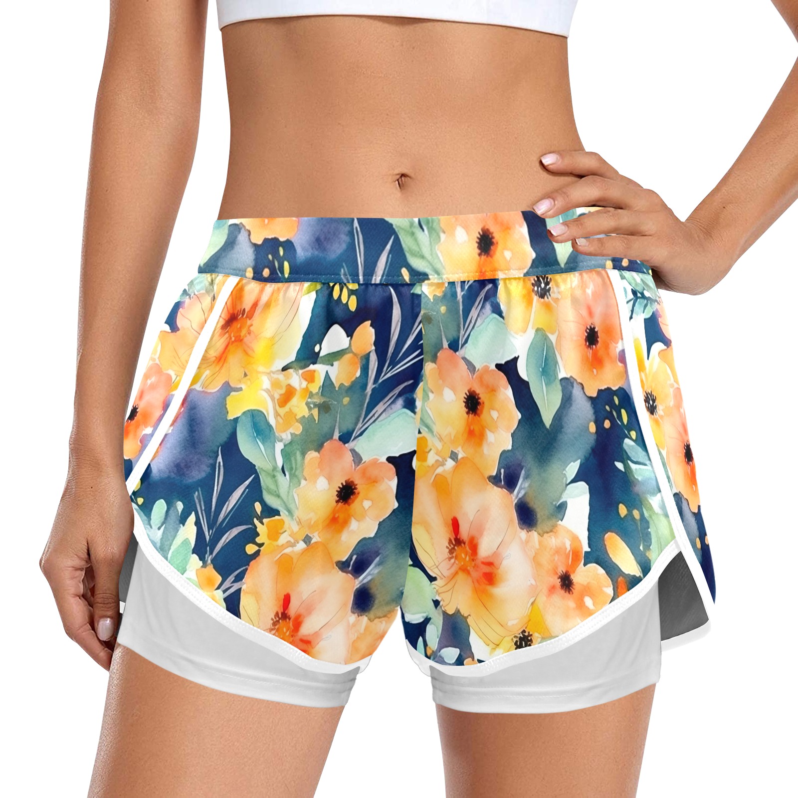 Watercolor-floral-blooming Women's Sports Shorts with Compression Liner (Model L63)