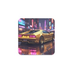 Reflective Supercar with Tokyo Backdrop Futuristic Synthwave Feels AI Graphic Square Coaster