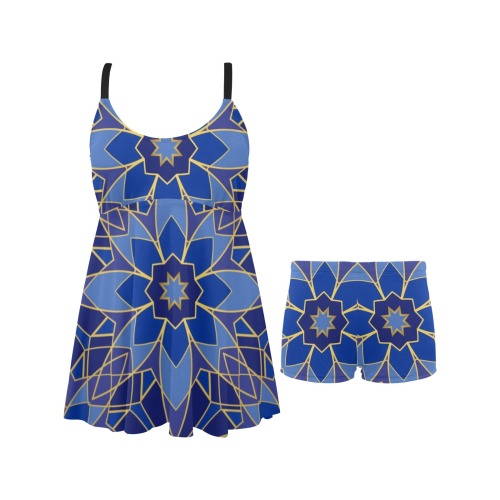 Elegant Blue Abstract Chest Pleat Swim Dress (Model S31)