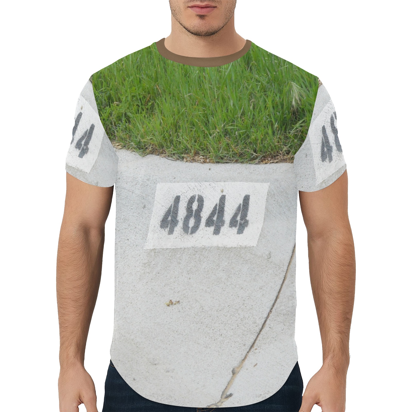 4844 Street Number 4844 with brown collar Men's All Over Print Curved Hem T ...