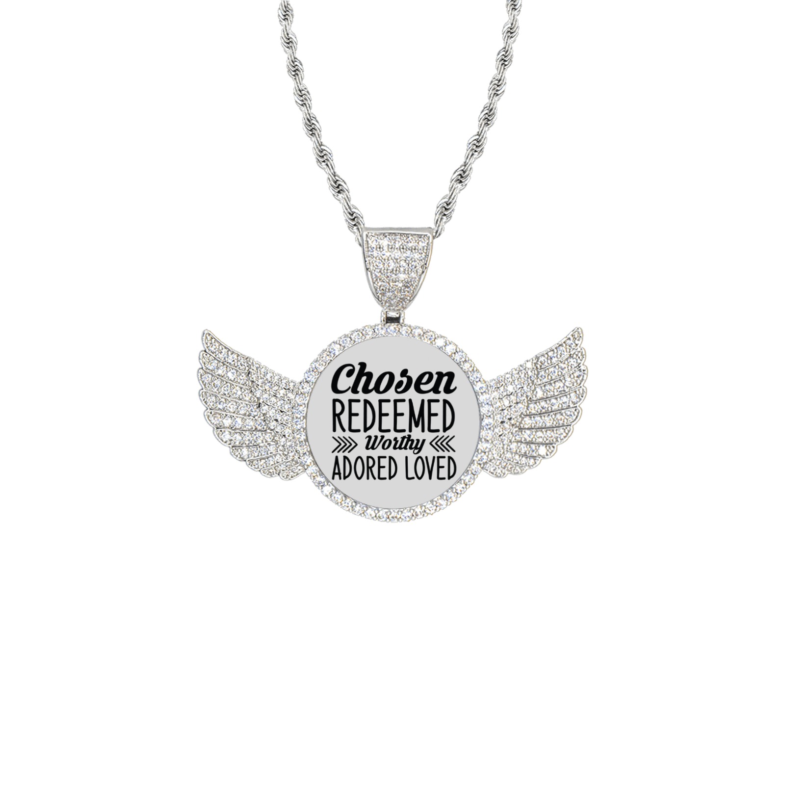 Chosen Redeemed Worthy Adored Loved Wings Silver Photo Pendant with Rope Chain