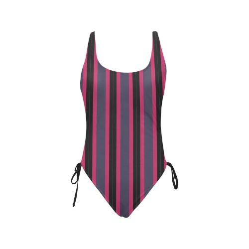 Pink Black and Blue Stripes Drawstring Side One-Piece Swimsuit (Model S14)