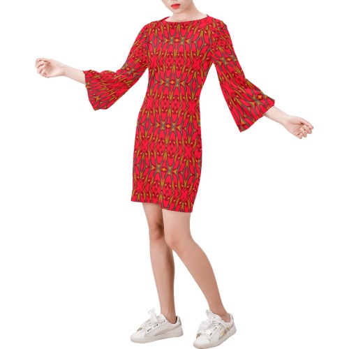 Eclectic hot pink ornamental Bell Sleeve Dress (Model D52)