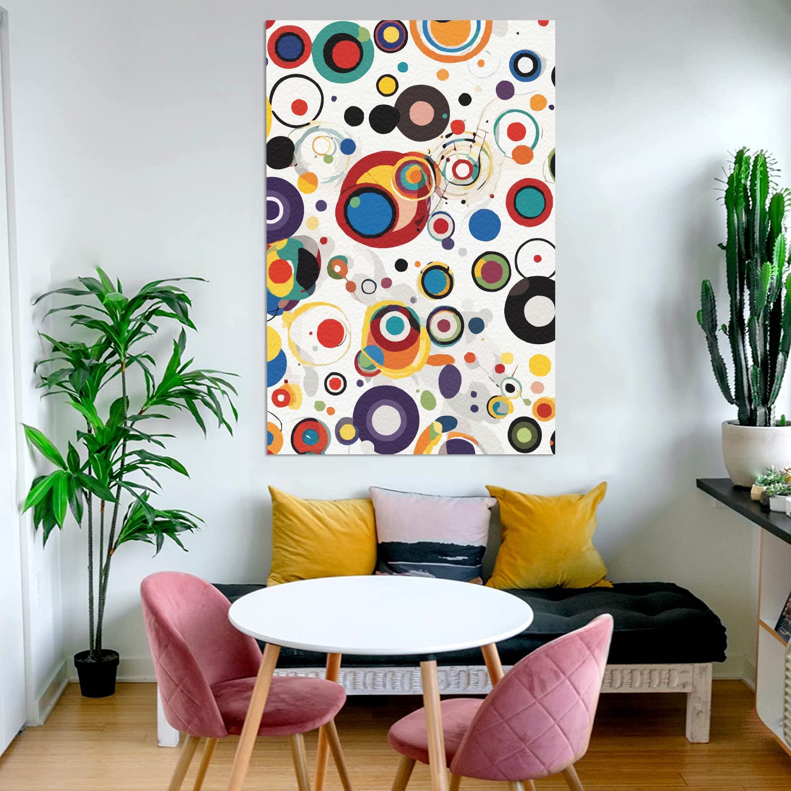 Colorful round shapes on white background art. Frame Canvas Print 32"x48"