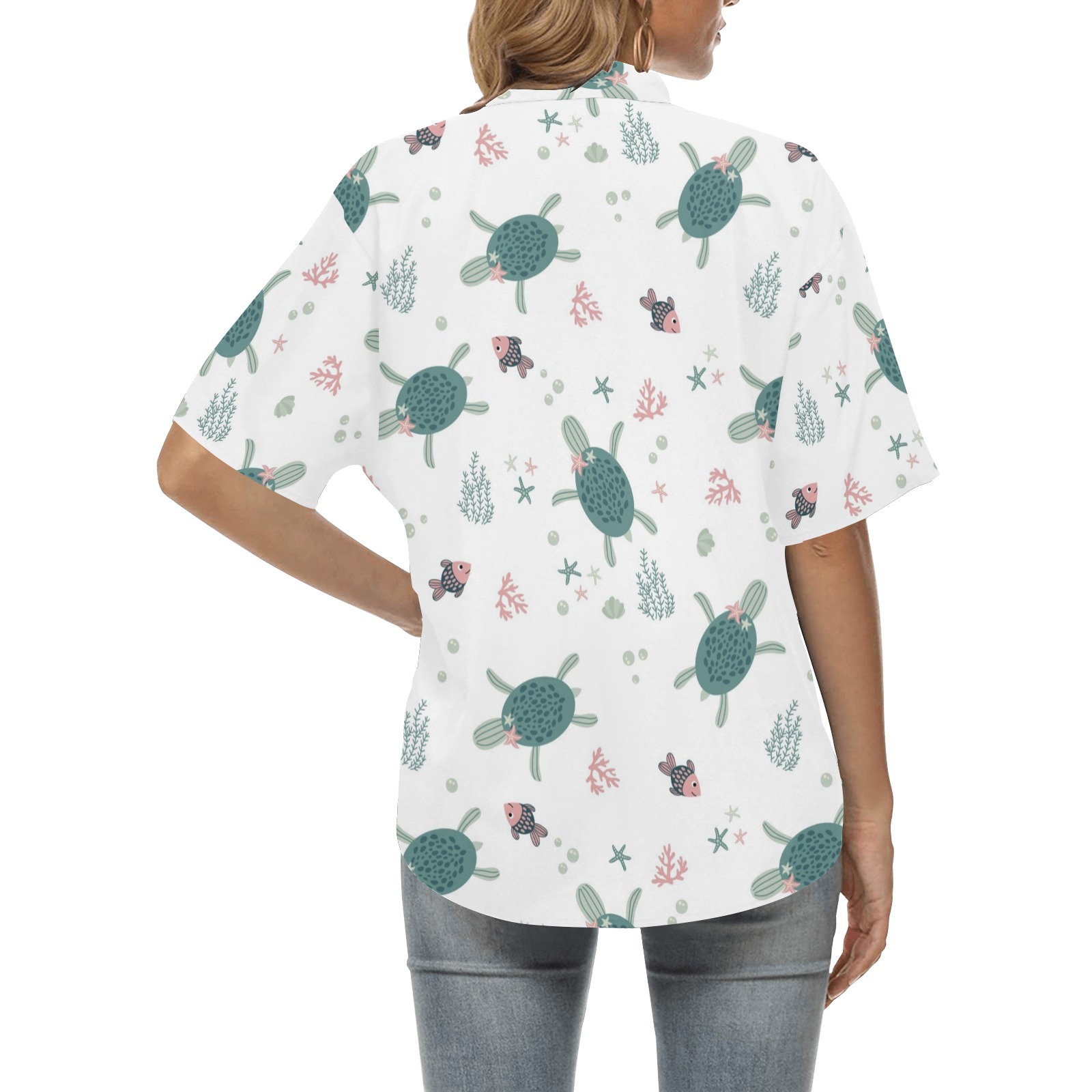 Sea Turtles and Fish All Over Print Hawaiian Shirt for Women (Model T58)