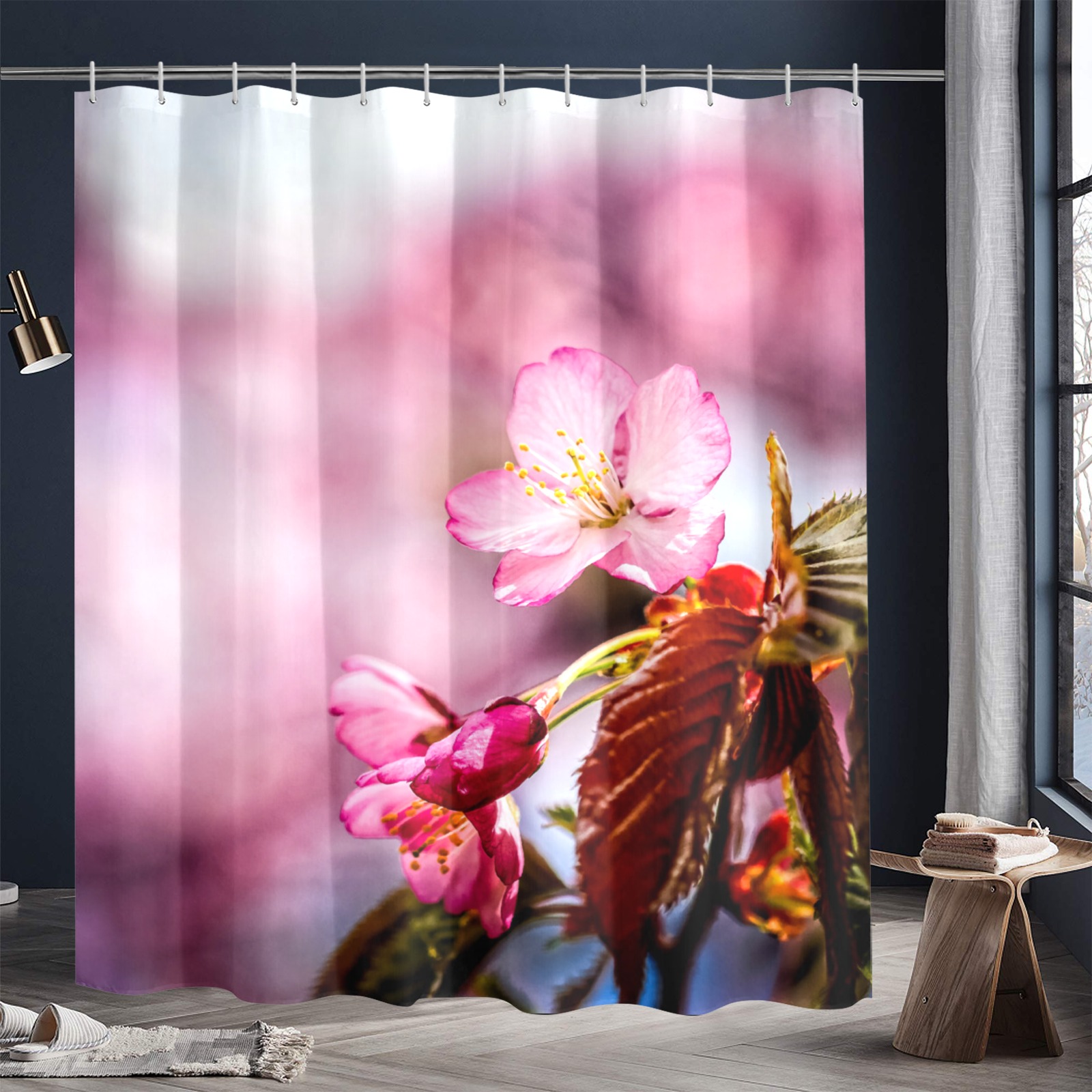 Striking pink sakura cherry flowers, pink mist. Shower Curtain 72"x84"