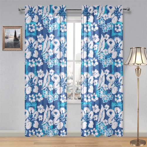 Blue White floral Unique Gauze Curtain 28"x84" (Two-Piece)