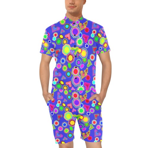 Groovy Hearts and Flowers Blue Men's Short Sleeve Jumpsuit