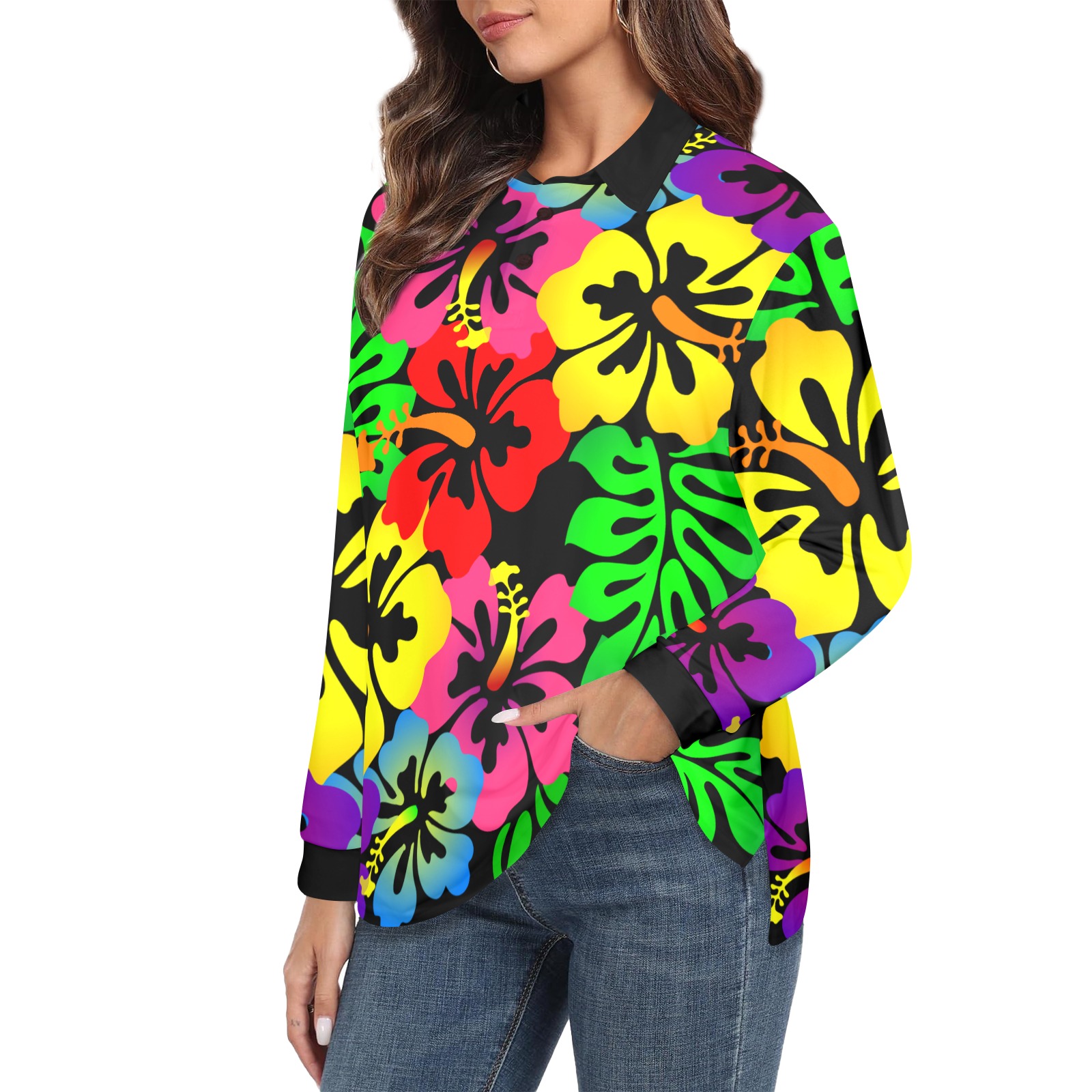 Hibiscus Hawaiian Flowers / Black Women's Long Sleeve Polo Shirt (Model T73)