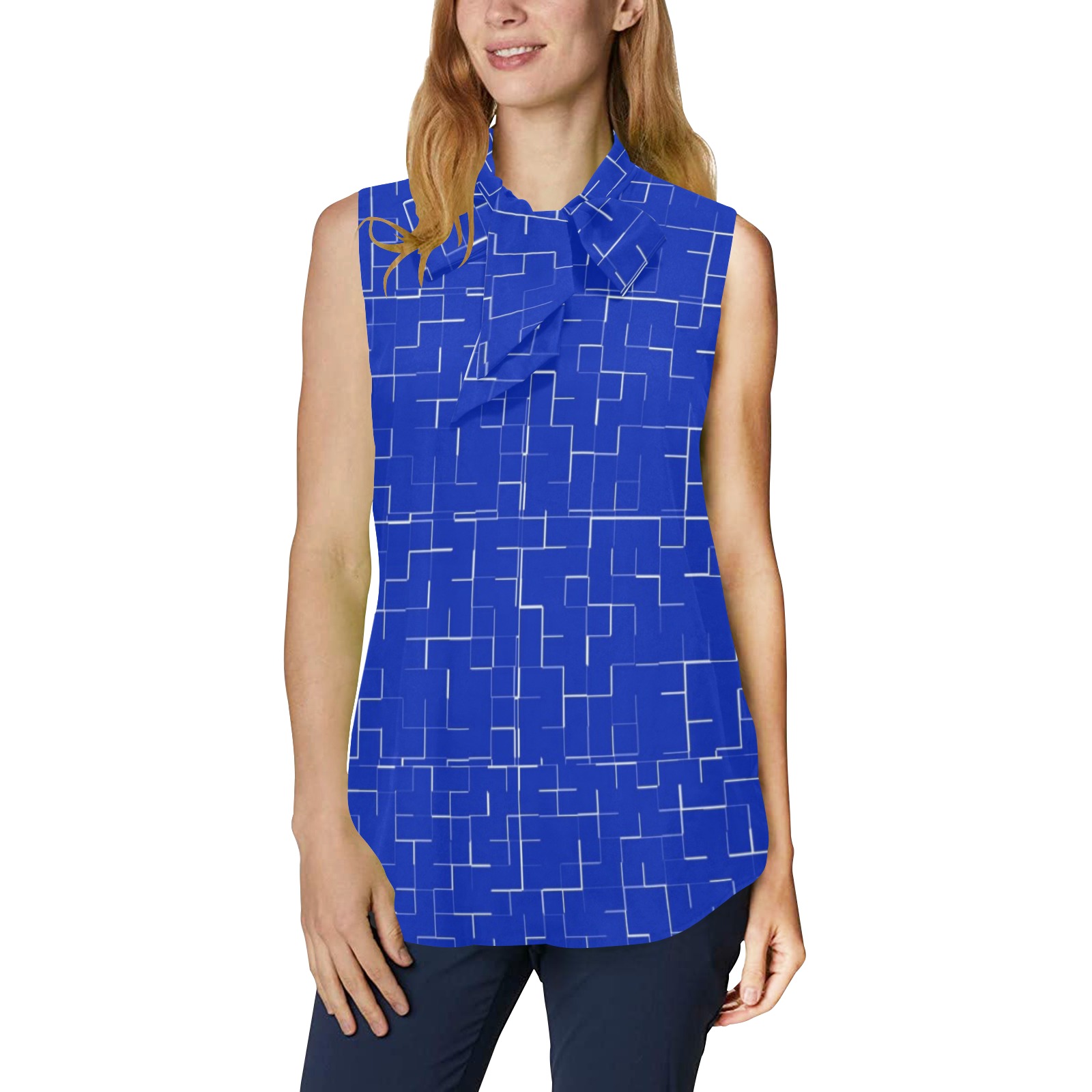 Scratched Royal Blue Women's Bow Tie V-Neck Sleeveless Shirt (Model T69)