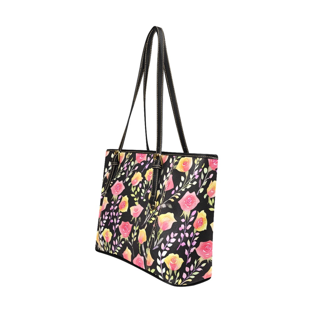 Midnight Garden Florals Handbag Leather Tote Bag/Large (Model 1640)