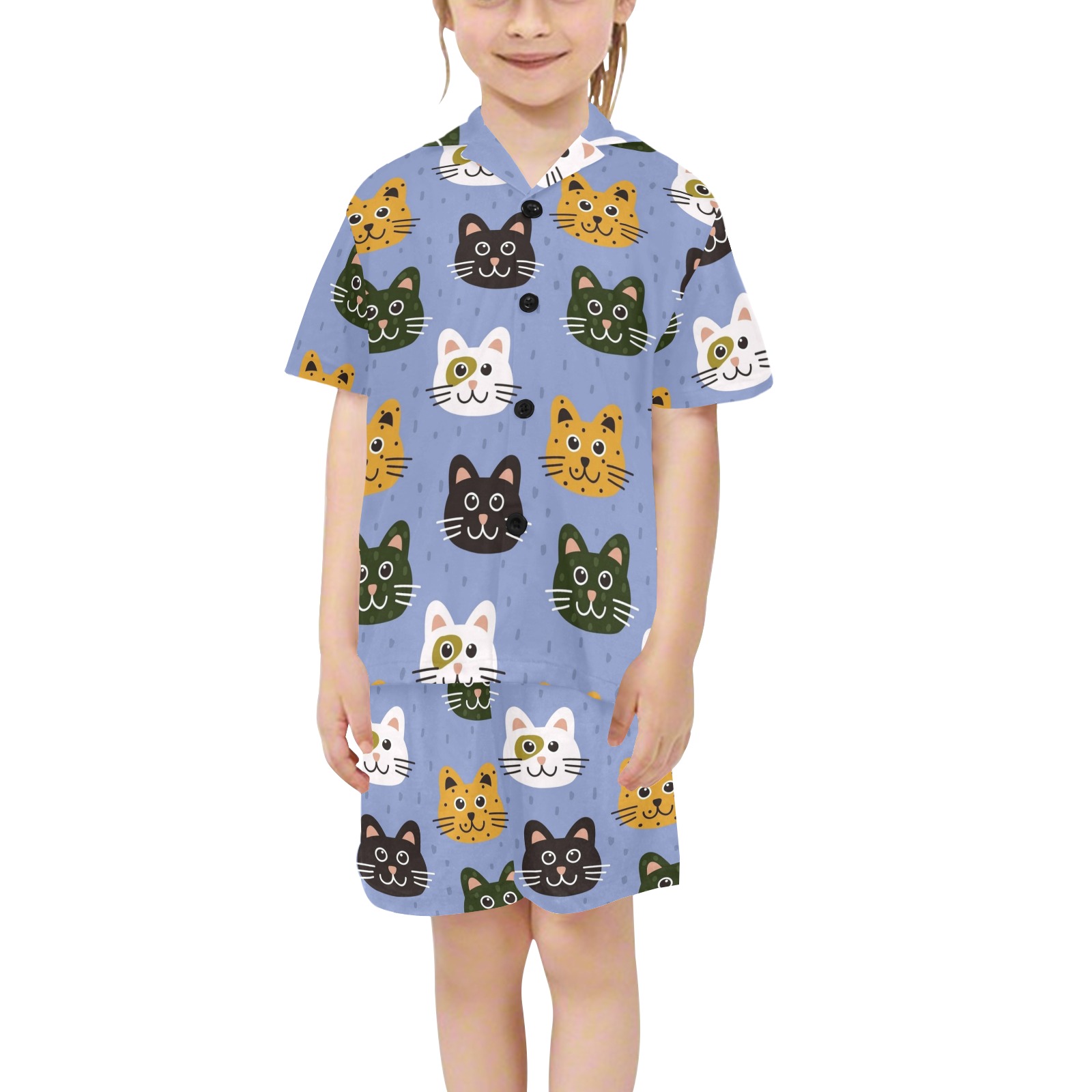 Cute Cat PJs Little Girls' V-Neck Short Pajama Set