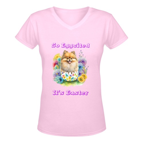 Pomeranian So Eggcited It's Easter (P) Women's Deep V-neck T-shirt (Model T19)