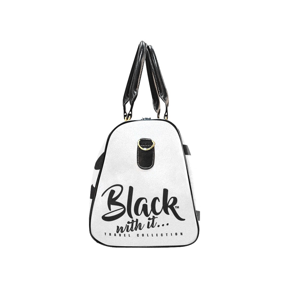 BWi Travel Bag: White w/Black Font - (Black Leather Straps) New Waterproof Travel Bag/Large (Model 1639)
