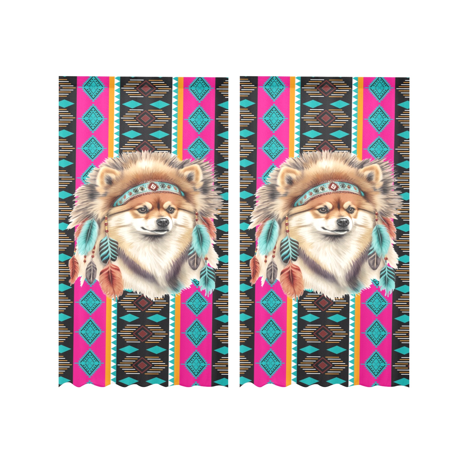 Native American Pomeranian Gauze Curtain 28"x63" (Two-Piece)