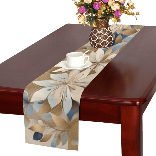Beige and Blue Contemporary Flowers Thickiy Ronior Table Runner 16"x 72"
