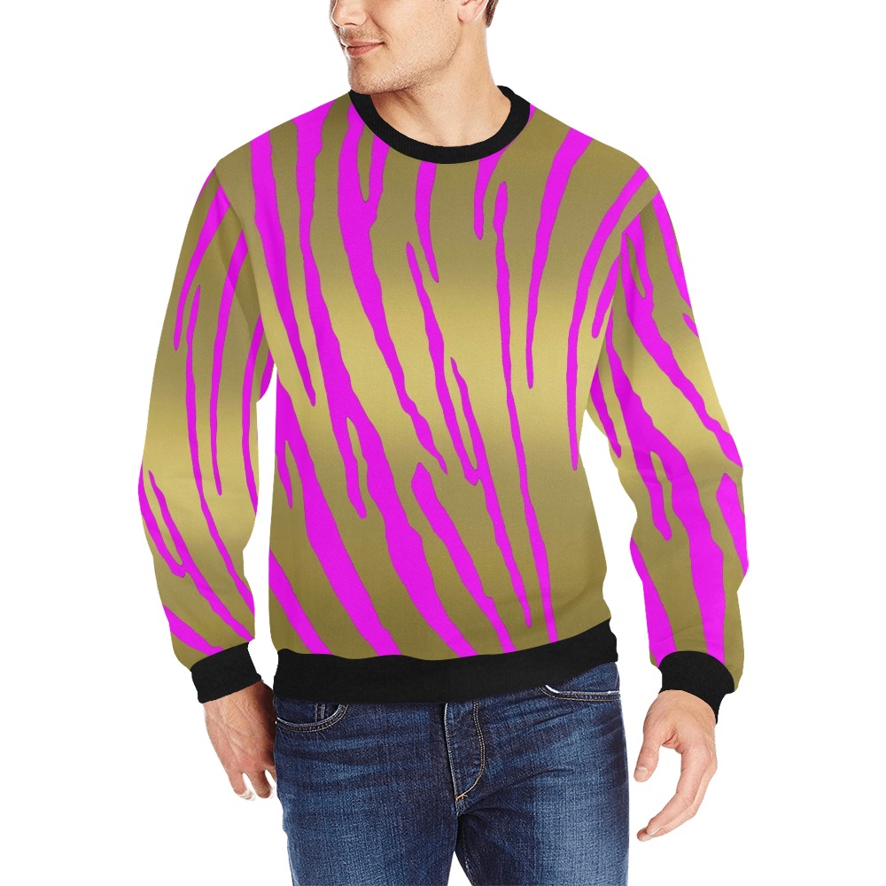 Gold Tiger Stripes Pink Men's Rib Cuff Crew Neck Sweatshirt (Model H34)