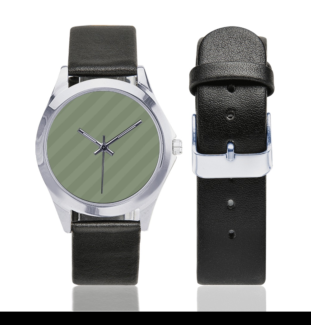 Army Green Unisex Silver-Tone Round Leather Watch (Model 216)