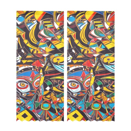 Abstract mix of African masks and colorful shapes. Gauze Curtain 28"x95" (Two-Piece)