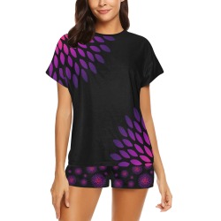 Ô Pink and Violet Zinnia on Black Women's Short Pajama Set