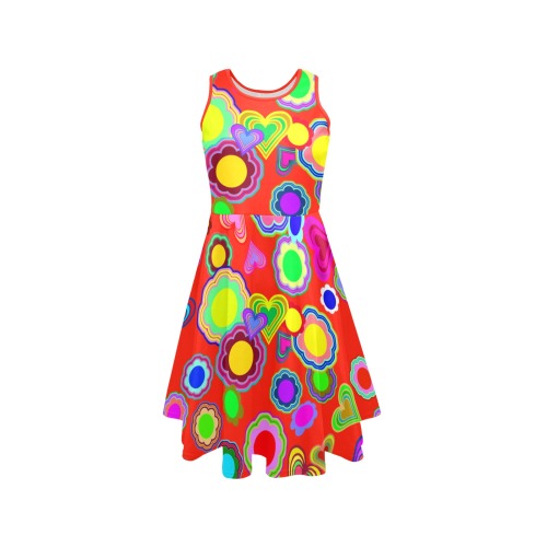 Groovy Hearts and Flowers Red Sleeveless Expansion Dress (Model D60)