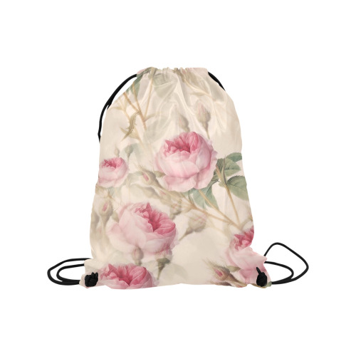 Vintage Pink Rose Garden Pattern Medium Drawstring Bag Model 1604 (Twin Sides) 13.8"(W) * 18.1"(H)