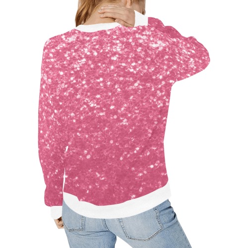 Magenta light pink red faux sparkles glitter Women's Rib Cuff Crew Neck Sweatshirt (Model H34)