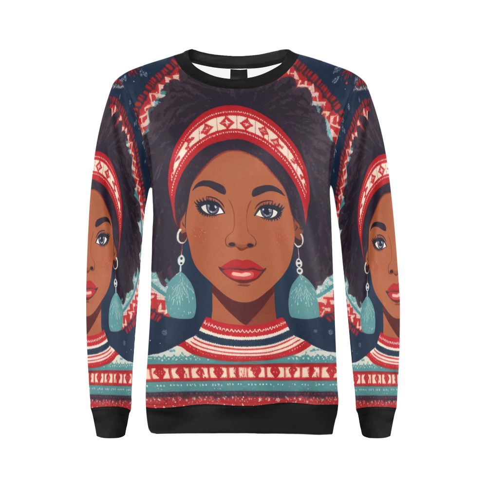 Adorable African American woman, winter snowflakes All Over Print Crewneck Sweatshirt for Women (Model H18)