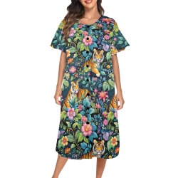 Jungle Tigers and Tropical Flowers Pattern Women's Button Front House Dress