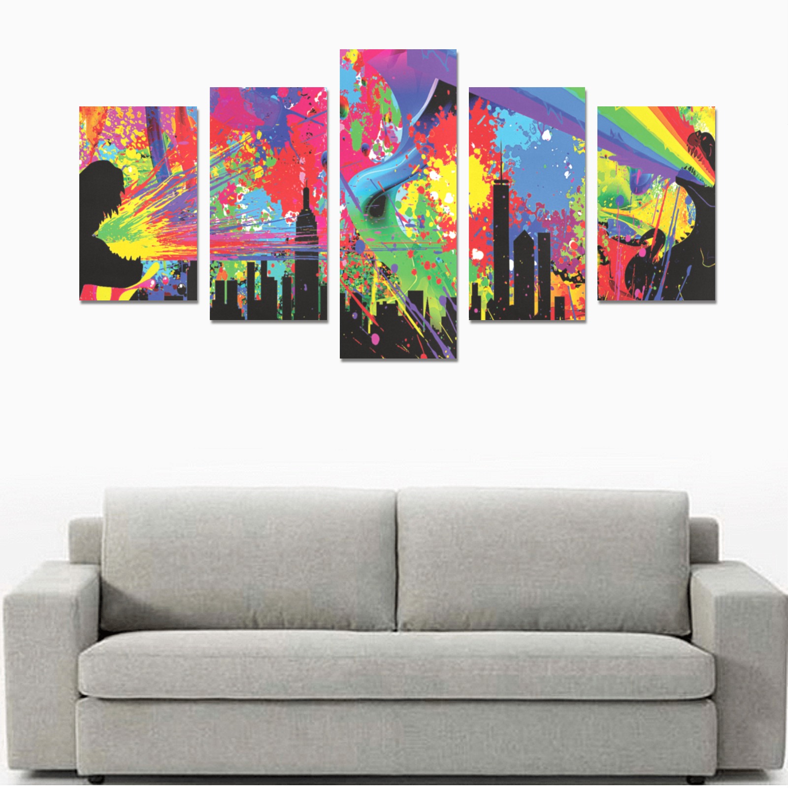 T-Rex Metropolis Colored Paint Splatter Skyline Canvas Print Sets C (No Frame)