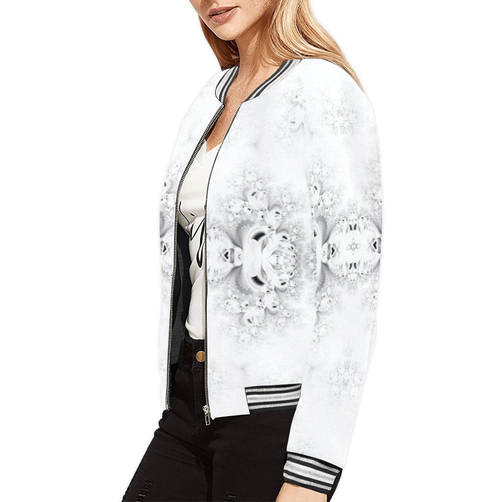 Snowy Winter White Frost Fractal All Over Print Bomber Jacket for Women (Model H21)