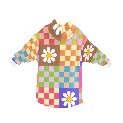 Mid Century Geometric Checkered Retro Floral Daisy Flower Pattern Blanket Hoodie for Women