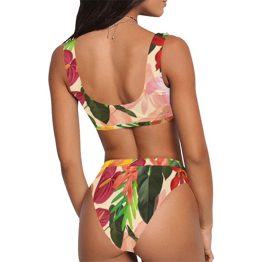 The Tropical Flowers Sport Top & High-Waisted Bikini Swimsuit (Model S07)
