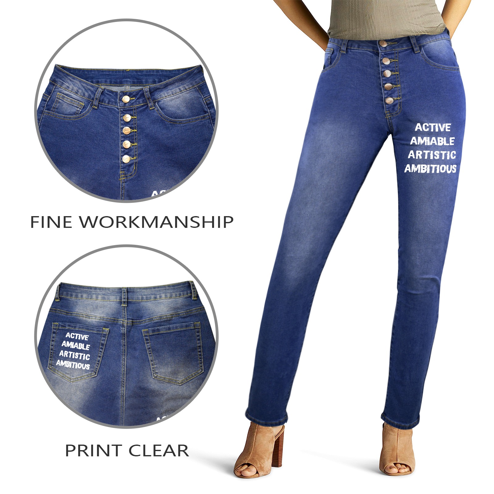 Active, amiable, artistic, ambitious white words. Women's Jeans (Front&Back Printing)