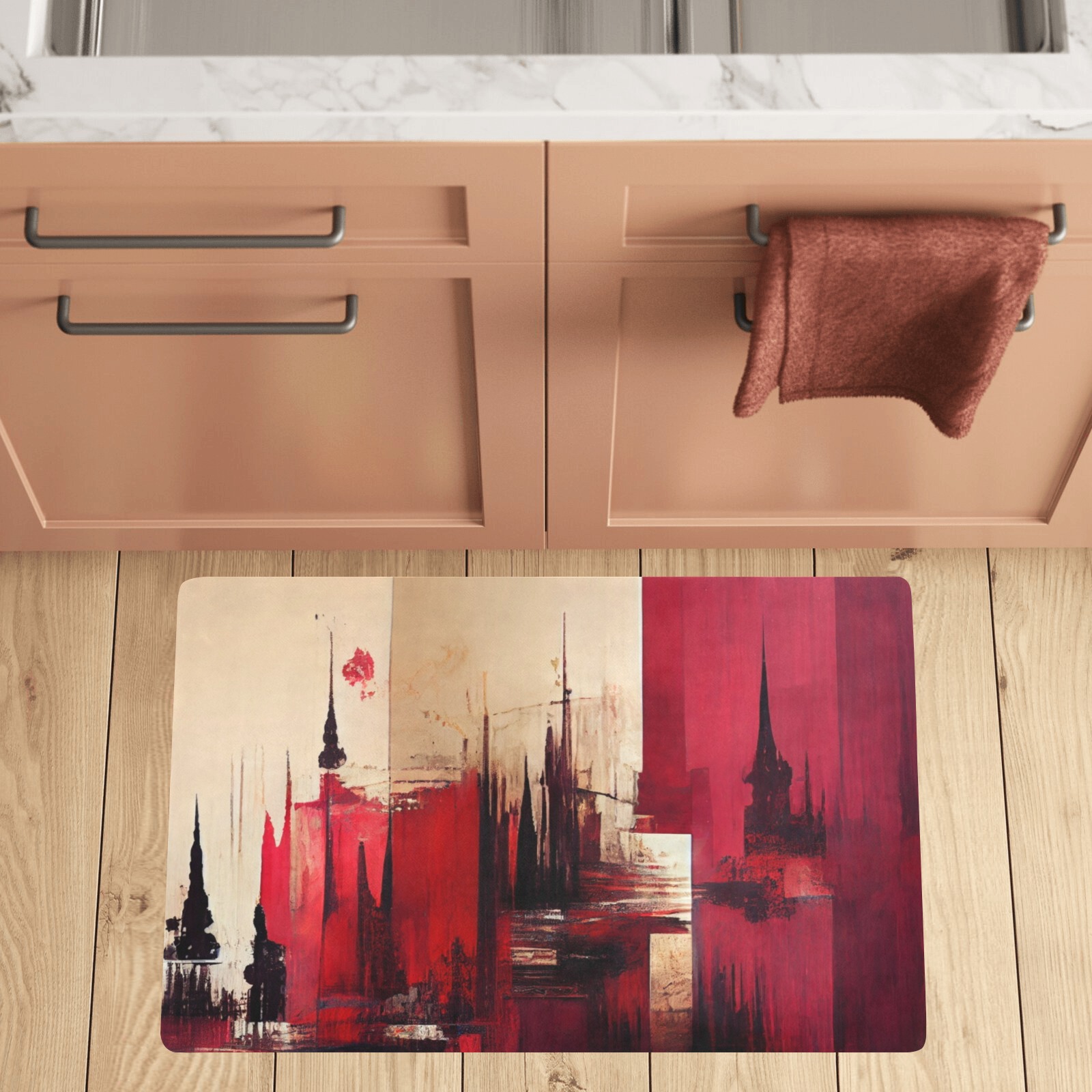 graffiti buildings red and cream 1 Kitchen Mat 32"x20"