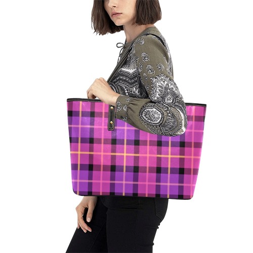 Plaid in Pink and Purple Chic Leather Tote Bag (Model 1709)