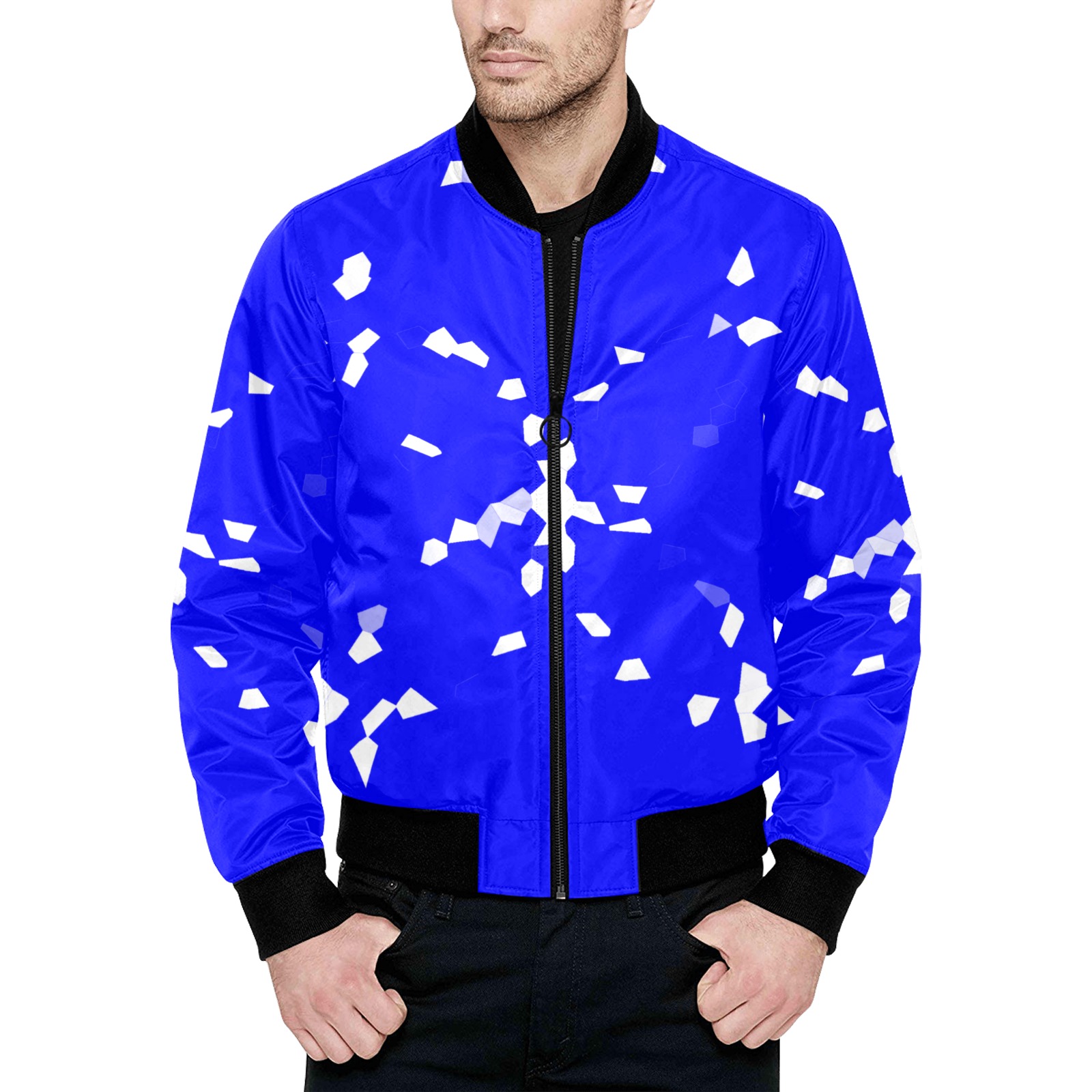 White InterlockingCircles Mosaic Blue All Over Print Quilted Bomber ...
