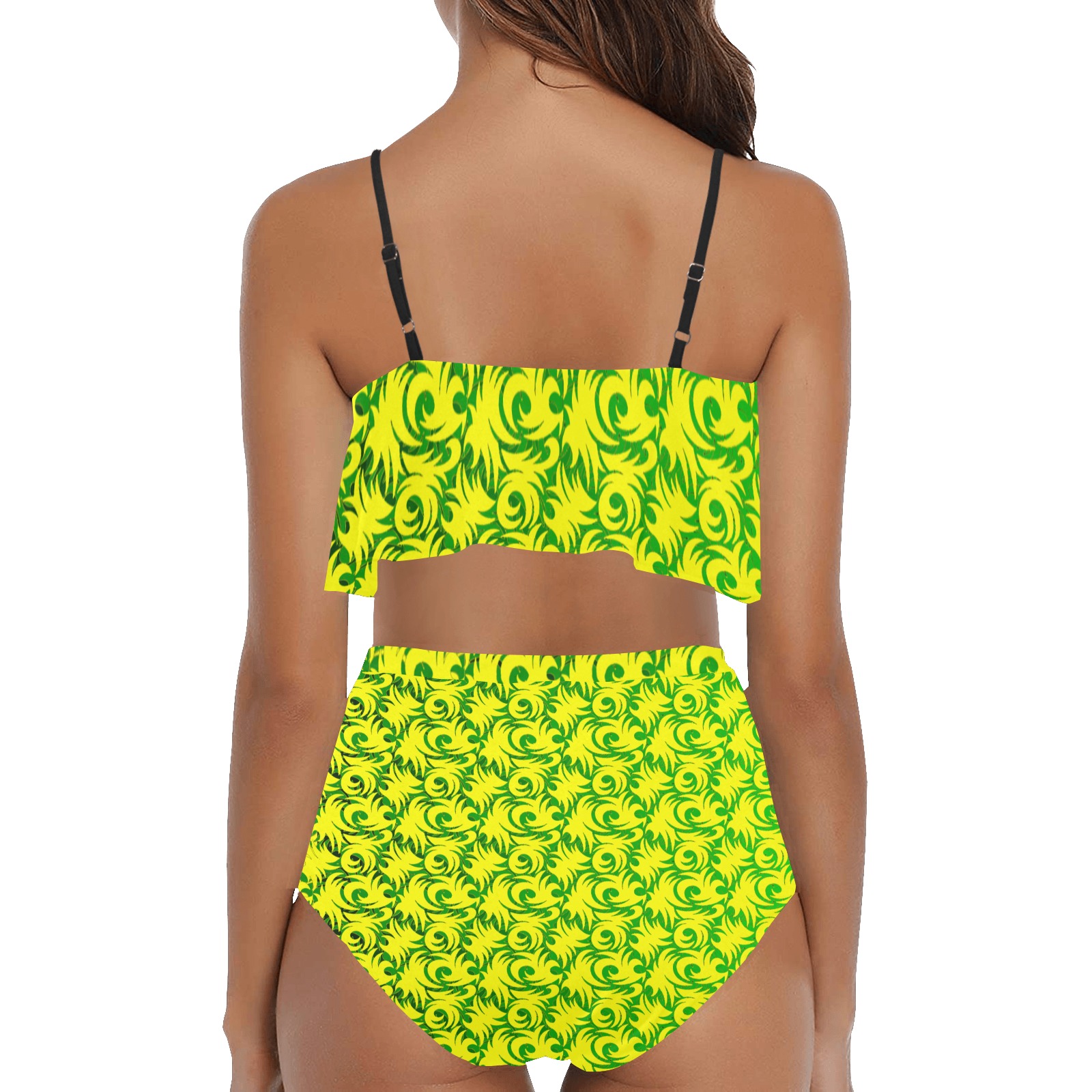 green swirl ylw High Waisted Ruffle Bikini Set (Model S13)