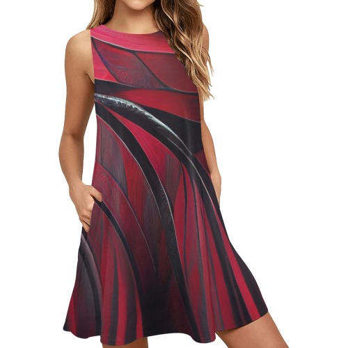 red and black curved pattern Sleeveless A-Line Pocket Dress (Model D57)