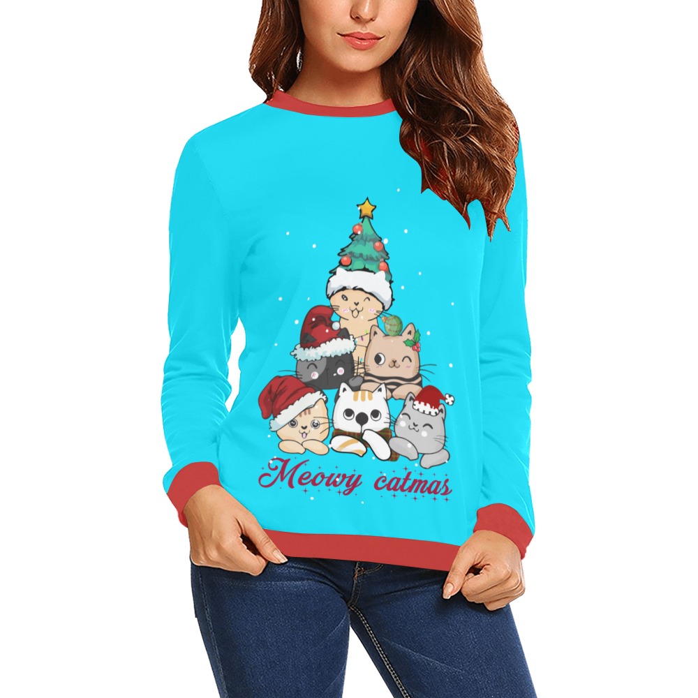 Meowy Catmas Tree All Over Print Crewneck Sweatshirt for Women (Model H18)