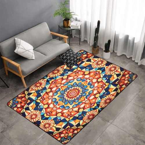 intricate pattern, orange, blue and yellow Area Rug with Black Binding 7'x5'