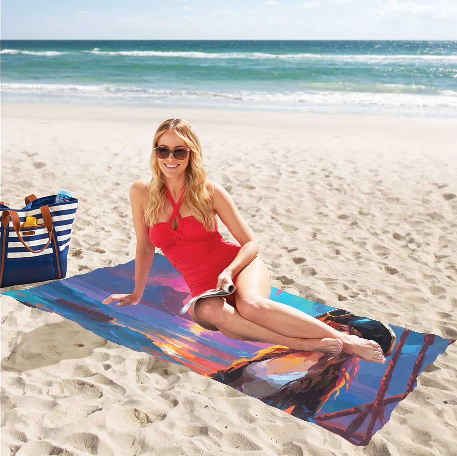 Pirate girl dreaming by the ocean at purple sunset Beach Towel 32"x 71"