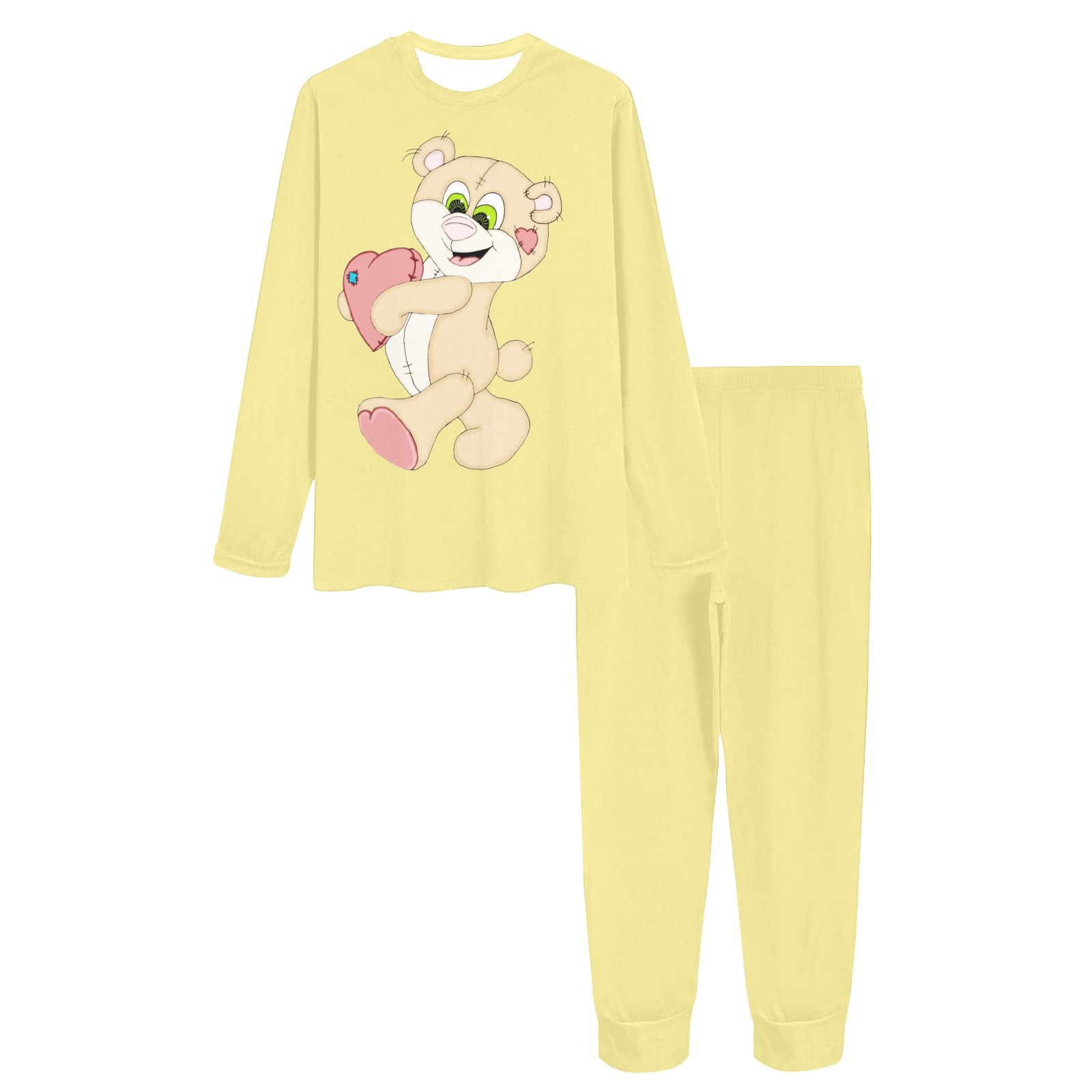 Patchwork Heart Teddy Soft Yellow Women's All Over Print Pajama Set