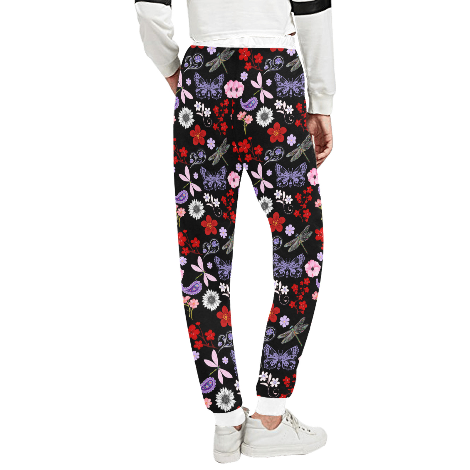 Black, Red, Pink, Purple, Dragonflies, Butterfly and Flowers Design Unisex All Over Print Sweatpants (Model L11)