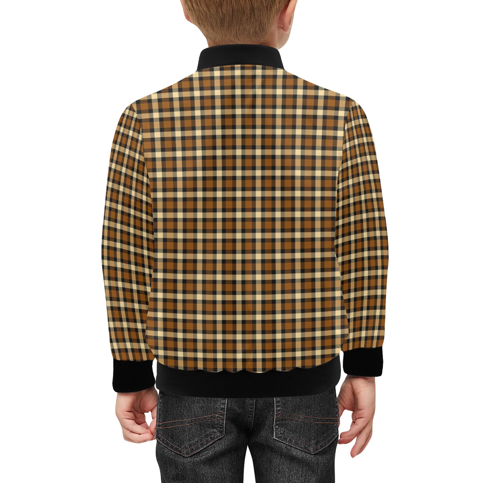 Autumn Brown Beige Plaid Kids' Bomber Jacket with Pockets (Model H40)