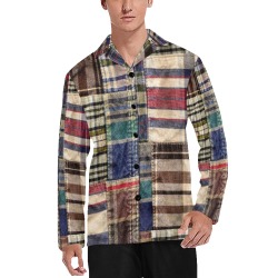 patchwork plaid wrinkled tartan look Men's V-Neck Long Pajama Top